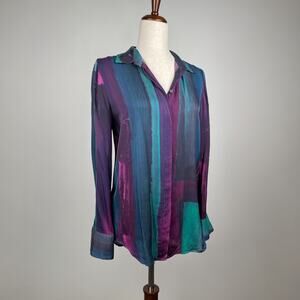 Donna Karan New York Silk Blouse Top Colorful Abstract Long Sleeve Art Whimsical